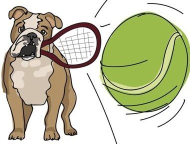 graphic of bullie with tenni ball, racket